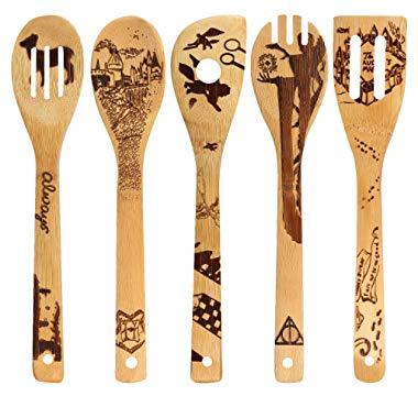 Organic Bamboo Spoons Cooking & Serving Utensils Burned Wooden Spoon Carved Spatulas Kitchen Utensil Set Great Gift For Chefs & Foodies Magic Pattern (Set of 5)