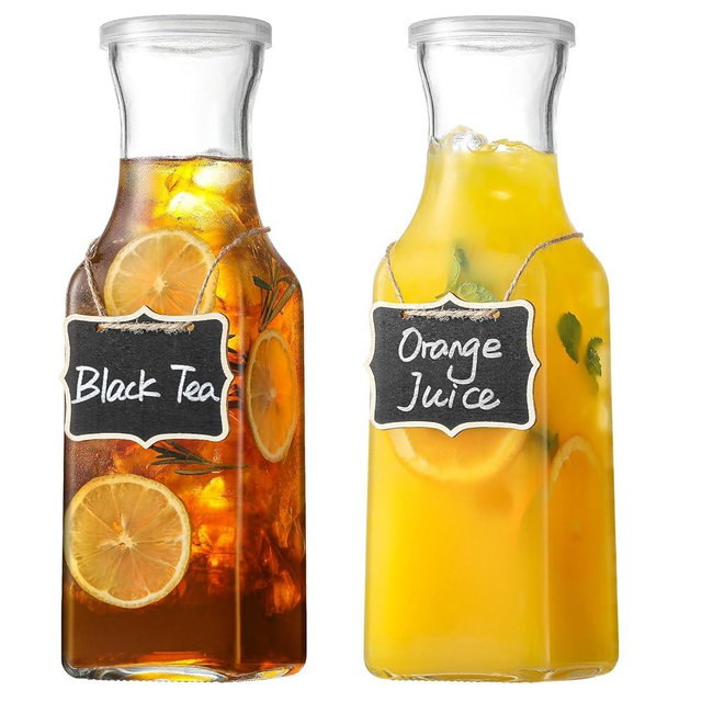 Set of 2 Square Glass Carafe, 1 Liter Clear Glass Pitcher with Lid, Beverage Serveware Carafe for Mimosa Bar, Coffee, Juice, Cold Water, Milk, Lemonade, Iced Tea