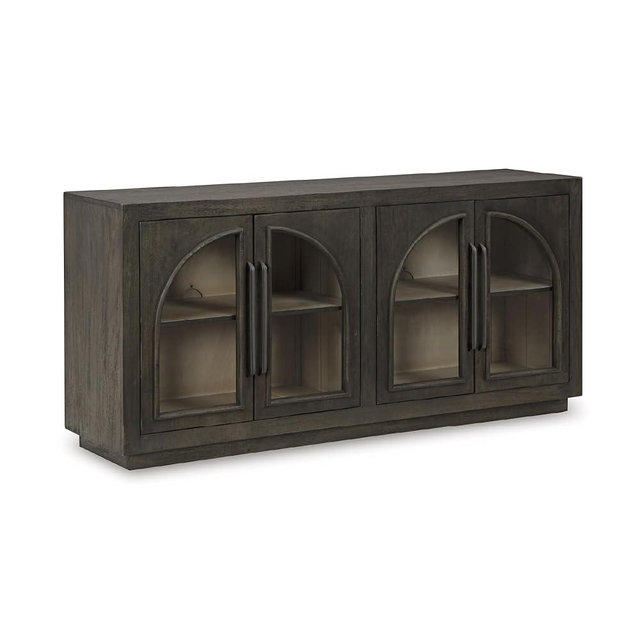 Signature Design by Ashley Dreley Classic 4-Door Accent Cabinet, Dark Brown with 2 Shelves, Arched Glass Door Fronts