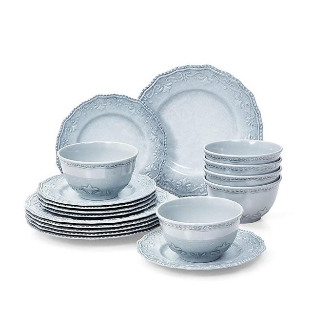 TP Dinnerware Set, 18-Piece Melamine Dishes Set, Dinner Service for 6 with Bowls and Salad Dinner Plates, Blue-gray