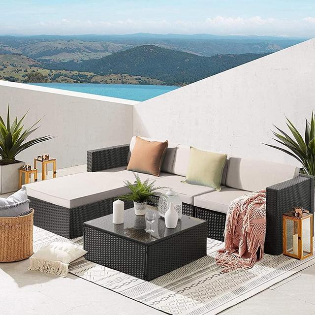Waleaf Upgraded Outdoor Furniture Rattan Sectional Patio Sofa, Outdoor Indoor Backyard Porch Garden Poolside Balcony Wicker Conversation Set with Glass Table (5 Pieces, Beige)