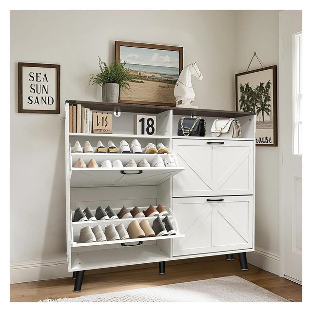 Acekool White Farmhouse Shoe Cabinet with 4 Flip Drawers & Open Storage, Narrow Entryway Organizer & Shoe Rack for Hallway and Living Room