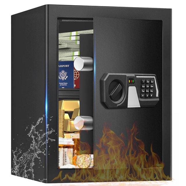 2.0 Cub Home Safes Fireproof Waterproof, Digital Security Safe Box with Programmable Keypad, Spare Keys and Alarm System, Anti-Theft Fire Proof Safe for Home Documents Money and Valuables