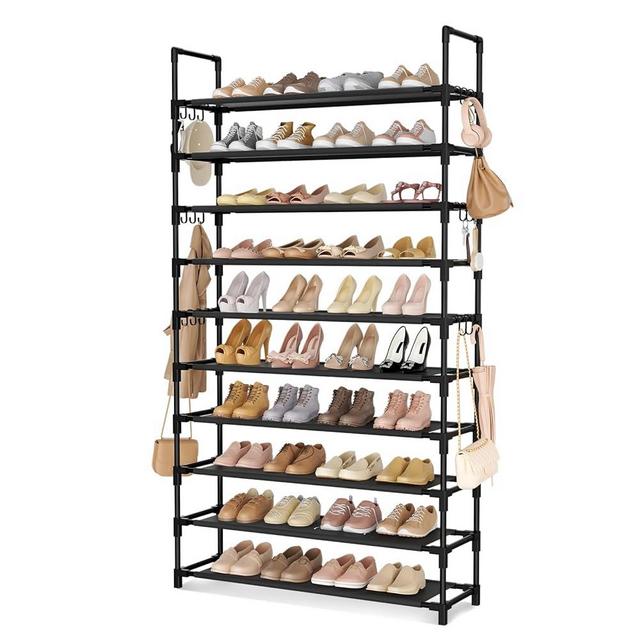 LANTEFUL Tall Shoe Rack 10 Tier Shoe Organizer Large Shoe Shelf with 18 Hooks Storage for 50 Pair Sneaker and Boot, Stackable Vertical Shoe Rack Organizer for Closet, Entryway, Bedroom