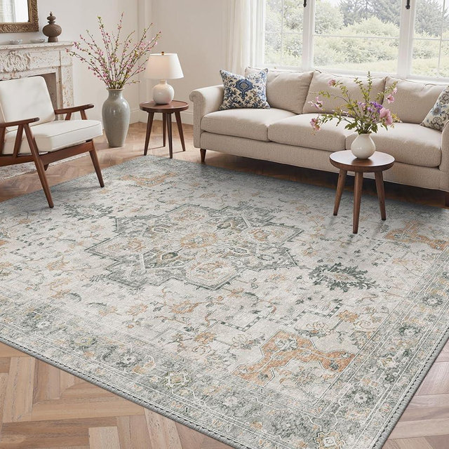 GENIMO No-Wash 8X10 Area Rug for Living Room Bedroom Patio, Waterproof Stain Resistant Oil Proof Chenille Carpet, Non Slip Vintage Boho Rug for Dining Room & Home Office Decor– Light Taupe Brown