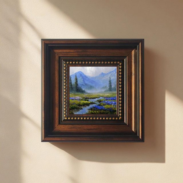 Mini Mountain Landscape Oil Painting, Misty Valley & River, Blue Wildflower Wall Art, Small Framed Nature Gift