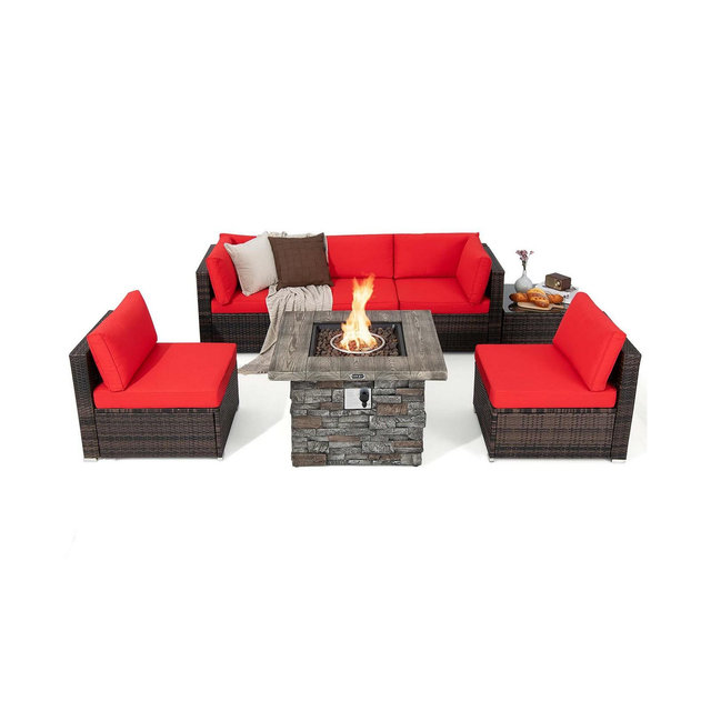Costway 7 PCS Patio Furniture Set with 50,000 BTU Fire Pit Table Wicker Sofa Set with Cushions
