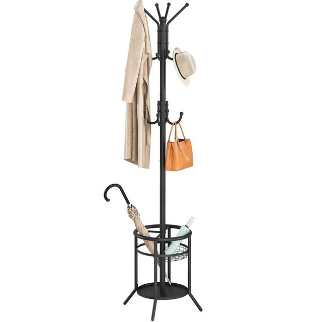 ELYKEN Coat Rack Freestanding, Metal Coat Rack Stand with Umbrella Holder, Modern Coat Tree with 12 Hooks, Floor Standing Corner Hall Tree for Entryway Living Room Bedroom Office, Black
