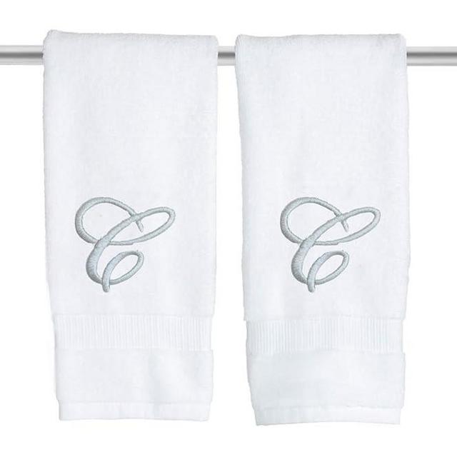 White Monogrammed Hand Towels for Bathroom - Luxury Hotel Quality Personalized Initial Embroidered Towel for Powder Room, Spa - GOTS Organic Certified - Set of 2 Silver Letter C