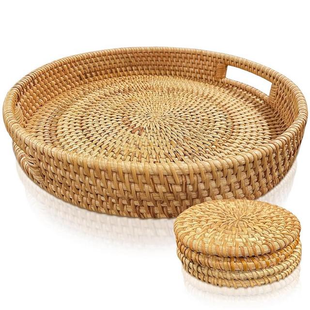 TAYLORD Boho Round Rattan Tray with Handles & Rattan Coasters (5 Pieces) - Wooden Tray for Kitchen/Living Room/Bedroom/Bathroom - Ottoman - Coffee Table Indoor and Outdoor Use