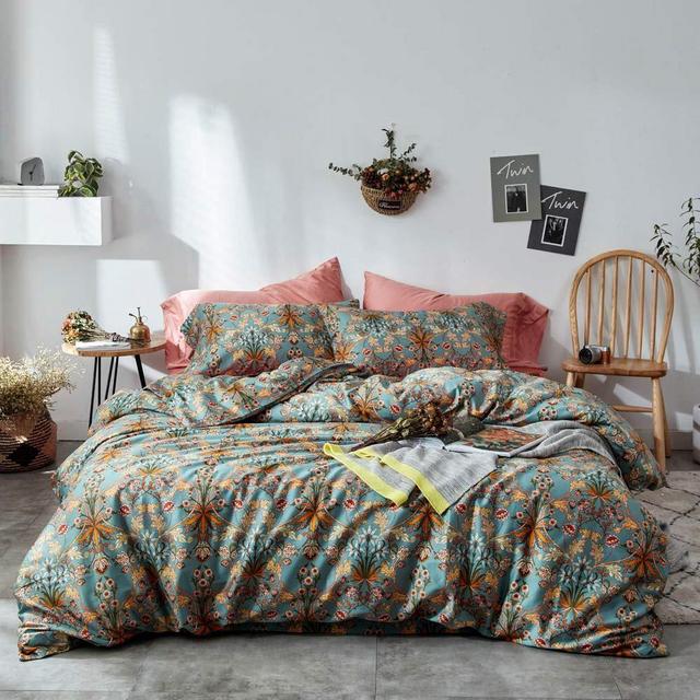 mixinni Vintage Style Garden Flower Duvet Cover Set with Zipper Closure Soft Cotton Yellow Flower Pattern on Blue Bedding Quilt Cover Set(King,Autumn)