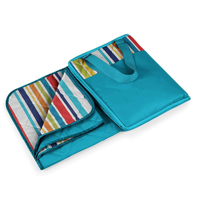 Picnic Time Vista Outdoor Picnic Blanket Tote, Aqua with Fun Stripes