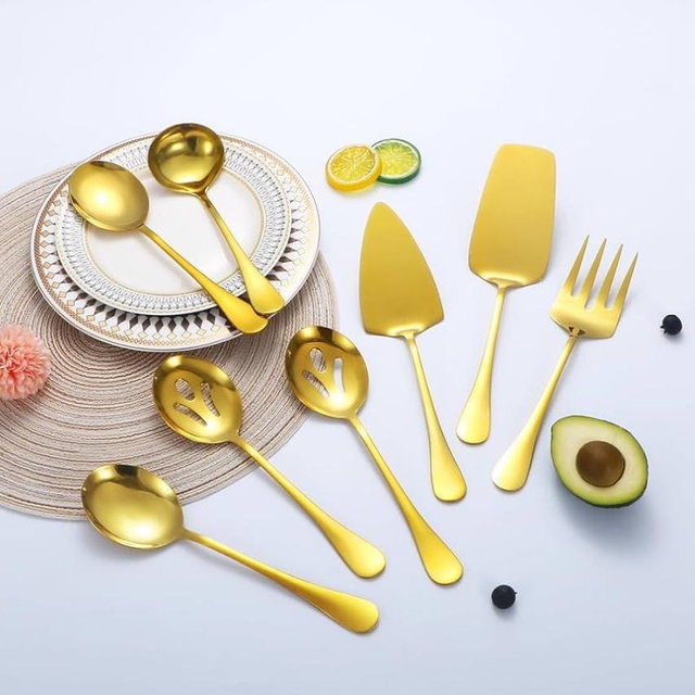 Gold Serving Utensils,8 Pcs Stainless Steel Serving Set with Serving Spoons,Serving Fork,Soup Ladle,Lasagna Server,Pie Server,Polished Serving Utensil Set for Buffet Parties Home,Dishwasher Safe