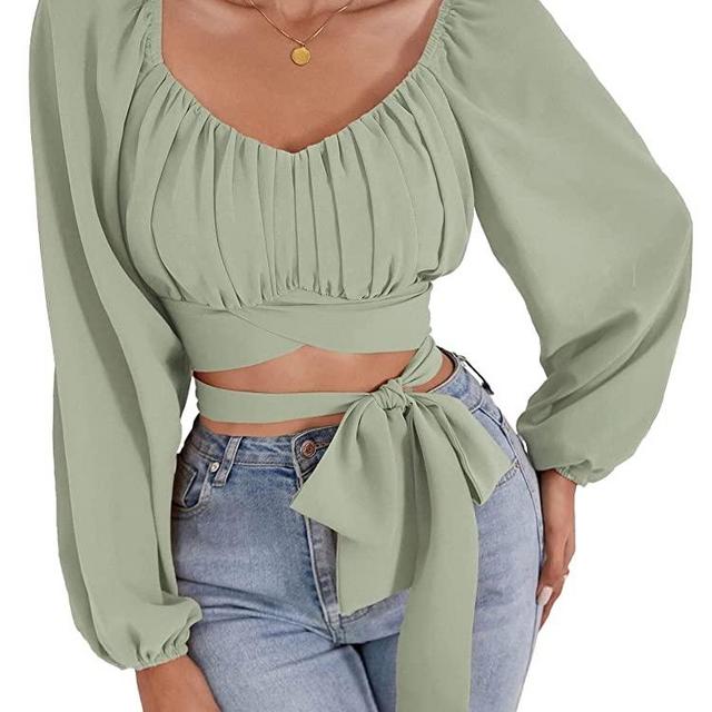 FMEYOA Women's Long Sleeve Off Shoulder Tie Up Back Self Tie Crop Tube Top Blouse