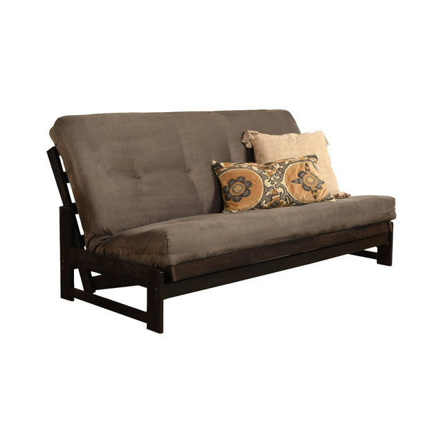 Full Geneva Coil Spring Mattress Futon Gray Suede - Dual Comfort: Hardwood Frame, 3-Position Convertible Sofa Bed