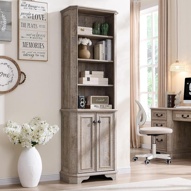 T4TREAM 6-Tier Bookshelf with Storage, 72" Tall Farmhouse Bookcase with Doors and Adjustable Shelves, Wooden Floor Standing Display Book Shelf Organizer for Home Office, Light Rustic Oak
