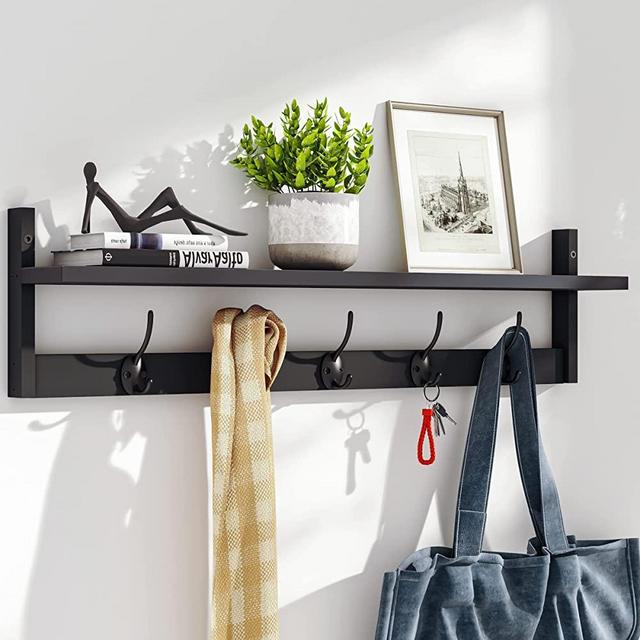 BAMEOS Wall Hooks with Shelf 28.9 Inch Length Entryway Wall Hanging Shelf Wood Coat Hooks for Wall with Shelf Wall-Mounted Coat Hook Rack with 5 Dual Hooks for Bathroom, Living Room, Bedroom (Black )