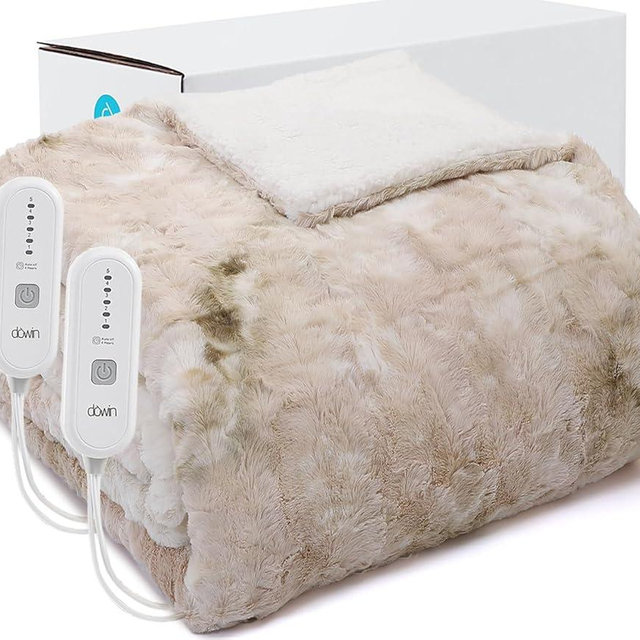 Dowin Electric Blanket King Size, Faux Fur & Sherpa Heated Blanket 100"x 90",Large Dual Controllers Warm Heating Blanket, 5 Heating Levels & 10Hrs Auto Off, Over-Heat Protect, ETL (Beige)