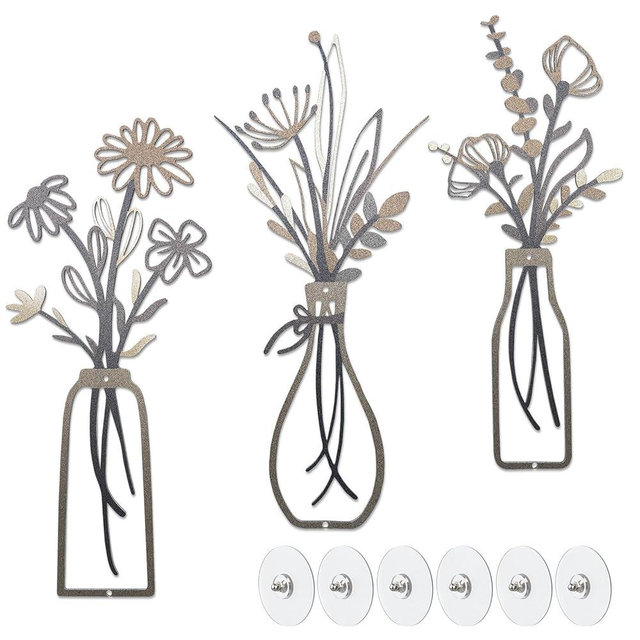 SHOUNAJIA 3 Pcs Metal Flowers Wall Decor, Rustic Farmhouse Wall Art, Metal Floral Art for Bathroom Bedroom Living Room Kitchen Office, Boho Floral Minimalist Decor, No Drill, Housewarming Gift (Brown)