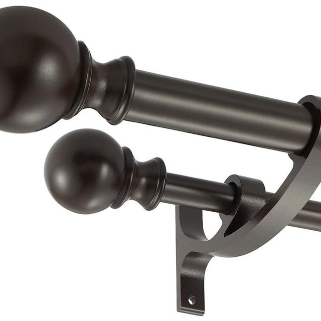 Double Curtain Rods for Window 28-48 Inch, Double Curtain Rods Brown, 1-Inch Front and 5/8 Inch Back Double Rod Curtain Rods, Decorative Double Drapery Rod with Round Finials