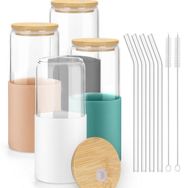 sungwoo Glass Cups with Lids and Straws, 4 Pack 20 OZ Iced Coffee Cups with Silicone Sleeve, Glass Tumbler with Straw and Bamboo Lid, Home Essential Drinking Set for Juice, Cocktail, Tea and Latte