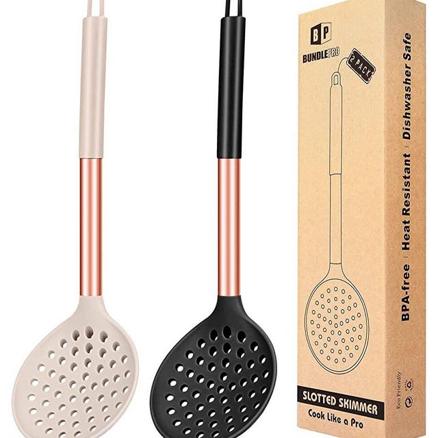 Kitchen Ladle Strainer Set of 2 Large Slotted Spoon with High Heat Resistant BPA Free Non Stick Cooking Skimmers For Draining & Frying