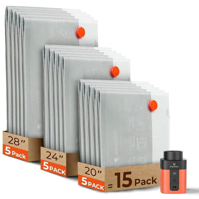 ETENWOLF 15 Pack Reusable Vacuum Seal Bags for Travel with Rechargeable Air Pump,Vacuum Compression Packing Seal for Clothes, Blankets, Seasonal Storage,Carry-On Space Saver Bags in 3 Sizes