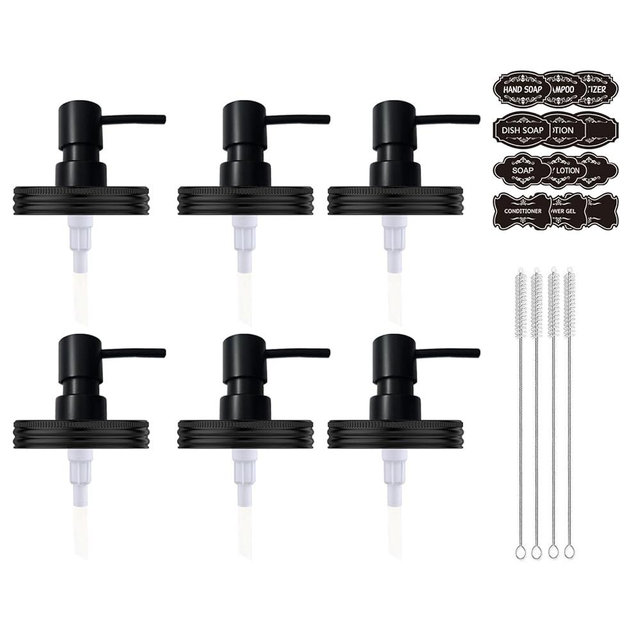 Watsango Mason Jar Soap Dispenser Set, Rustproof Plastic Lotion Pump and Lids Accessories for Regular Mouth Mason Jar and Farmhouse Kitchen Counter Decor- 6 Pack Black