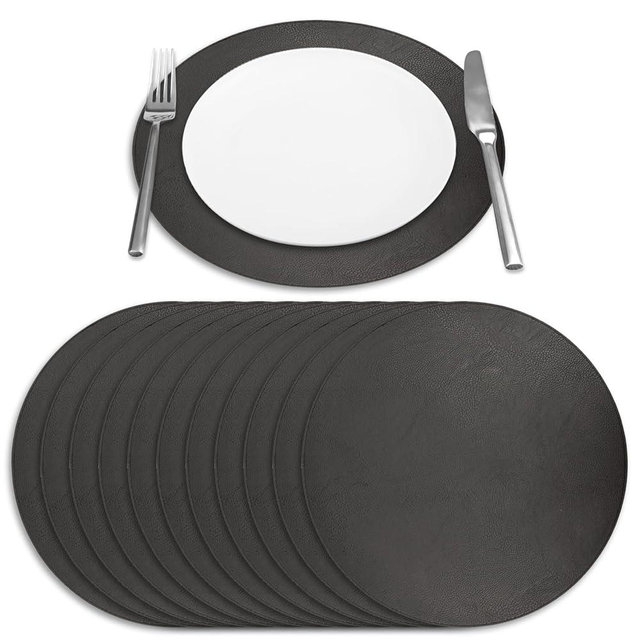 Homewear Morgan Faux Leather Round Set of 12 Placemats, 15", Black, Heat Resistant, Stain Resistant, Non-Slip, Reversible, Durable Table Mats for Kitchen, Dining Table, Indoor Washable Use
