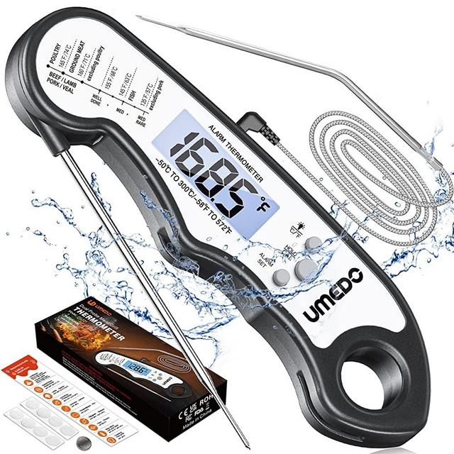 Digital Meat Thermometer, Umedo 2 in 1 Waterproof Instant Read Food Thermometer, Alarm Set, Backlight, Cal, Temp Chart, Cooking Thermometer for Grilling, BBQ, Baking, Candy, Liquid, Deep Fry