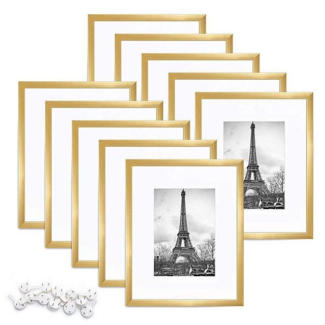 upsimples 8x10 Picture Frame Set of 10,Display Pictures 5x7 with Mat or 8x10 Without Mat,Multi Photo Frames Collage for Wall or Tabletop Display,Gold