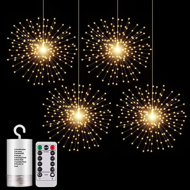 4 Pack Starburst Sphere Lights,200 LED Firework Lights, 8 Modes Dimmable Remote Control Waterproof Hanging Fairy Light, Copper Wire Lights for Patio Parties Christmas (4 Pack Battery Operated)