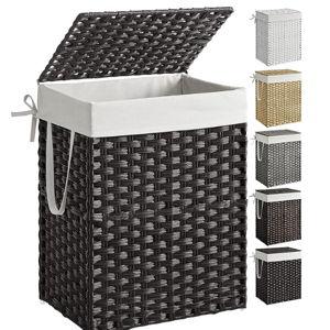 SONGMICS Laundry Hamper with Lid, 23.8 Gallon (90 L) Synthetic Rattan Clothes Laundry Basket with Lid and Handles, Foldable, Removable Liner, Black ULCB51BK