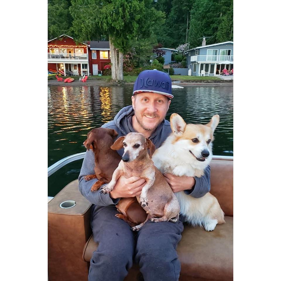 Jake with his fur-babies (Jackie, Macaroni, and Chester)