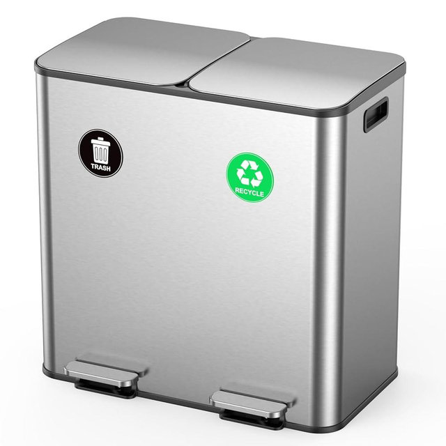 Lovewind Dual Trash and Recycling Bins for Kitchen, 2 * 11-Gallon Stainless Steel Double Trash Can, Step-On Garbage and Recycle Combo, Quiet Close, Pet-Proof, Compatible with 13-Gallon Bags, Silver