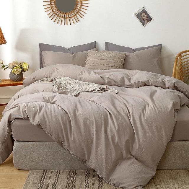 MooMee Bedding Duvet Cover Set 100% Washed Cotton Linen Like Textured Breathable Durable Soft Comfy (Taupe, Oversized King)