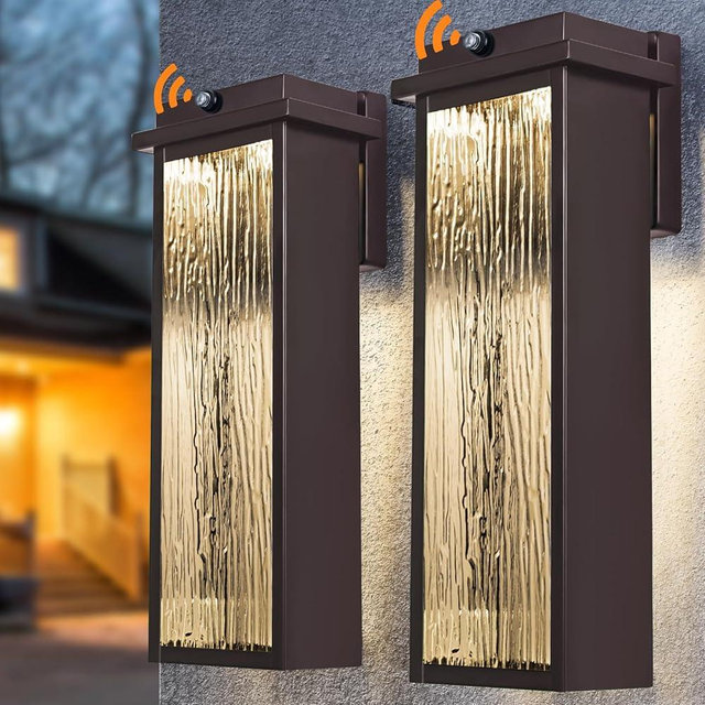 Oil Rubbed Bronze LED Dusk to Dawn Outdoor Lighting 2 Packs, 16" Large Outside Farmhouse Wall Lantern Brown, Industrial Porch Wall Mount Light Fixture with Rippled Glass, Modern Exterior Sconce Lamp