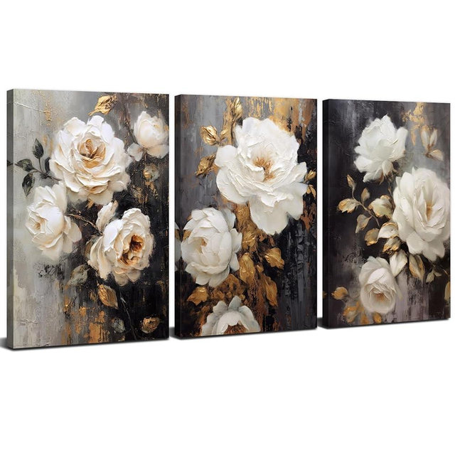 Abstract Wall Art Peony Flowers Wall Decor Farmhouse White Floral Canvas Prints Picture Vintage Botanical Painting Rustic Wildflower Poster Artwork for Bedroom Living Room Home Decoration 16x24” 3Pcs