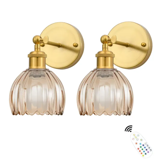 DAKAFUL Vintage Wall Lights with Tulip Glass Shade,Remote-Controlled,Decorative Wall Sconce for Bedroom/Bathroom/Living Room