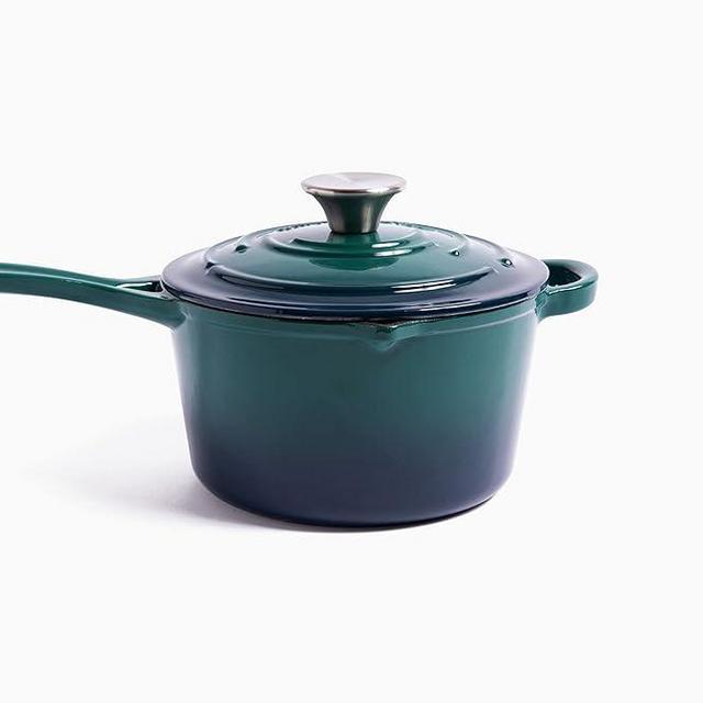 Larder & Vine 2.2 Quart Enameled Cast Iron Saucepan with Lid, Cast Iron Pan with Pour Spouts, Ergonomic Handle, Helper Handle, Self-Basting Lid with Drip Bumps, No Seasoning Required (Bondi)