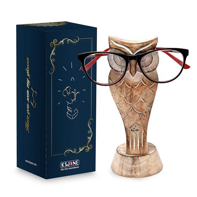 KSJONE Gift Packaged Unique Owl Spectacle Holder Wooden Eye Glasses Stand Handmade Gift for Women and Men Home Office Gift for Teacher Him Her Mom Dad Desk Organizer for All Ages