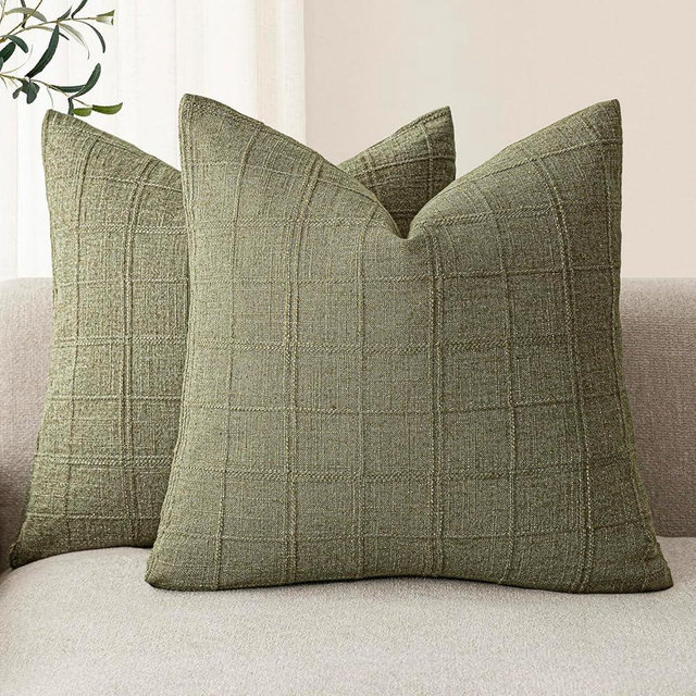 Foindtower Set of 2 Decorative Linen Check Throw Pillow Covers Neutral Farmhouse Vintage Cushion Covers Modern Boho Home Decor for Sofa Chair Couch Bedroom Living Room,20×20 Inch,Sage Green
