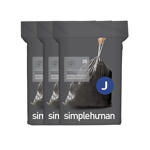 simplehuman Code J 60 Count, Genuine Odorsorb Custom Fit Liners, Drawstring Odor Absorbing Trash Bags in Dispenser Packs, 30-45 Liter / 8-12 Gallon