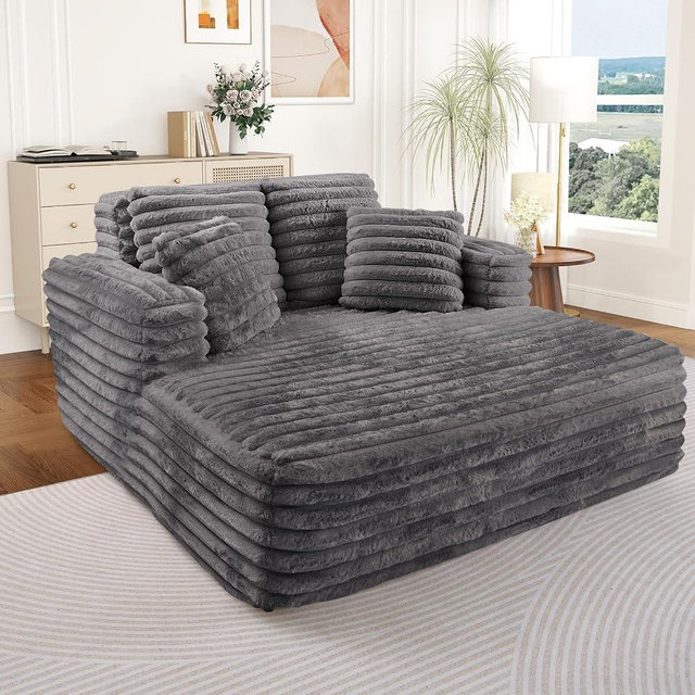 Oversized Chaise Lounge Indoor, Modern Plush Faux Fur Fabric Deep Seat Boneless Memory Foam Sleeper Chaise Lounge Sofa Chair with Pillows for Living Room Bedroom Studio, No Assembly Couch, Grey