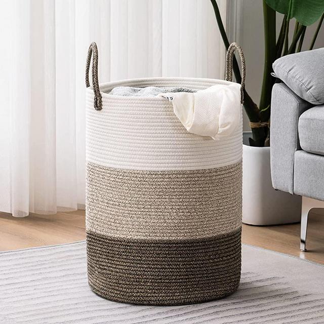 YOUDENOVA Woven Laundry Hamper with Handles, Tall Laundry Basket for Blanket Storage, Heavy Duty Clothes Hamper for Bedroom-72L-Large-Brown