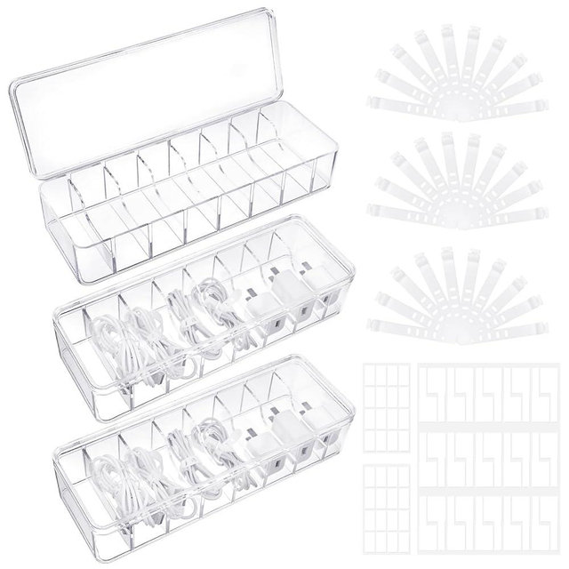 Cable Organizer Box with Lid, 3 Pcs Clear Cord Storage Organizer with 30 Cable Ties 62 Cable Labels, Charger Organizer for Office Desk Drawer Organizers and Accessories