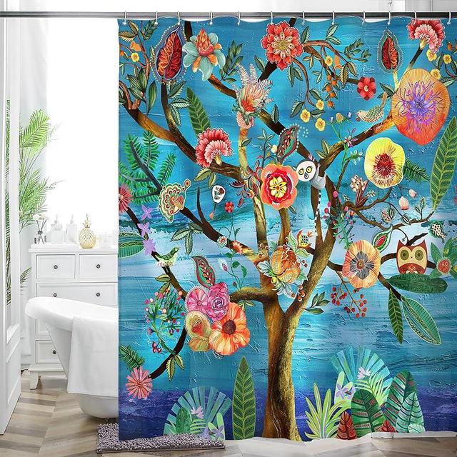 HMS Happy Memories Thicken Durable Polyester Blend Cloth Fabric Bathroom Curtain Colorful Bohemian Boho Floral Print Beautiful Bright Shower Curtain for Bathroom Decoration, 72"x72"