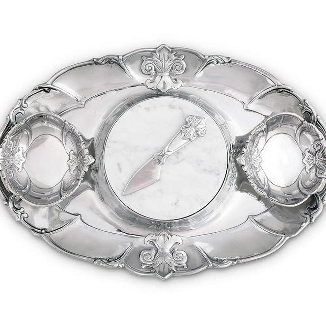 Arthur Court Designs Aluminum Fleur-De-Lis 5-Piece Entertainment Cheese Chip and Dip - Two Bowls, Spreader, Marble, Tray 20 inch x 13 inch