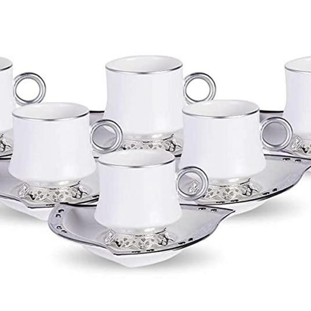 Saroujah Luxury Turkish Coffee Cup I Arabic Coffee Cups I Coffee Cup Sets of 6 | Ramadan Gifts | Arabic Tea Cup Set | Turkish Coffee Set | Espresso Cups Set (White and Silver)