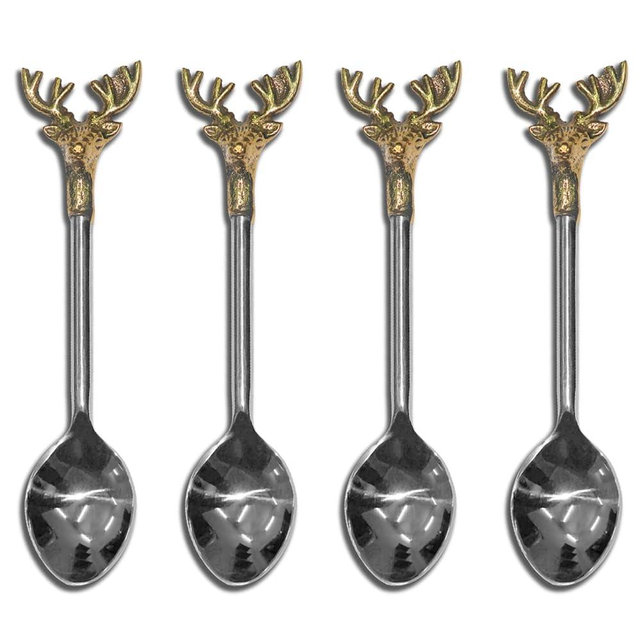 India Handicrafts 15831 Sculpted Deer Silver and Gold Tone 5 Inch Stainless Steel Serving Dinnerware Spoons Set Of 4